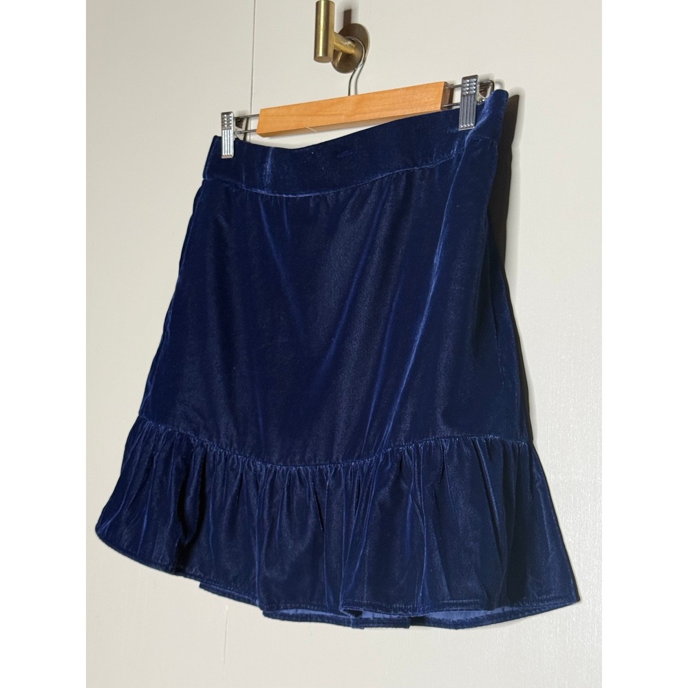 J.Crew Navy Velvet Mini Skirt Ruffle Hem Pull On Size Medium - Picture 3 of 6